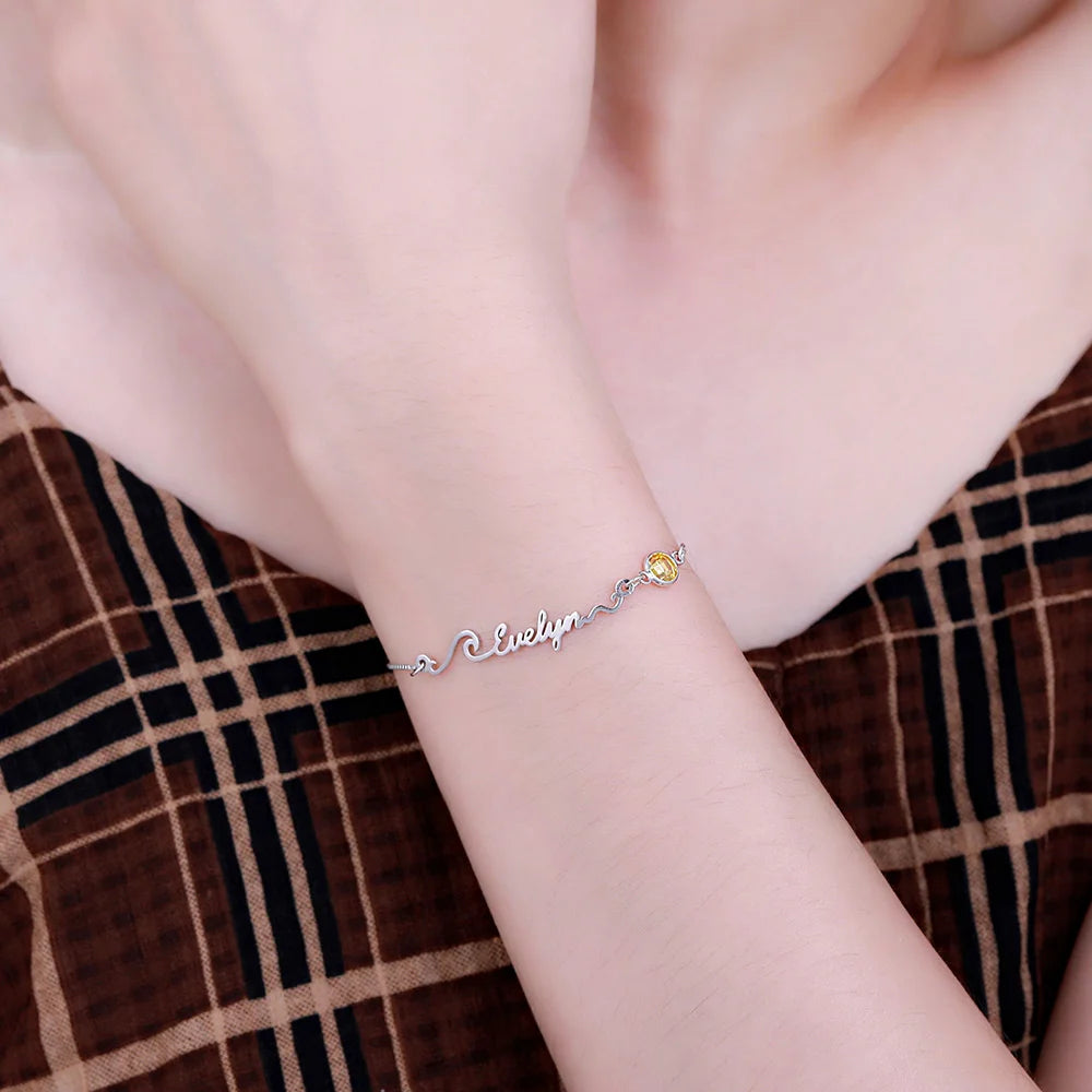 Personalized Name Bracelet with Birthstone Sterling Silver 925