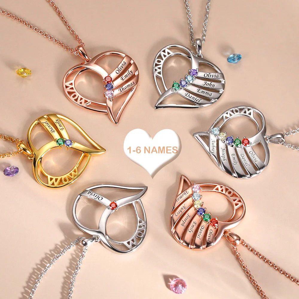 Personalized heart necklace with birthstones and names | 925 Sterling Silver Family birthstone necklace