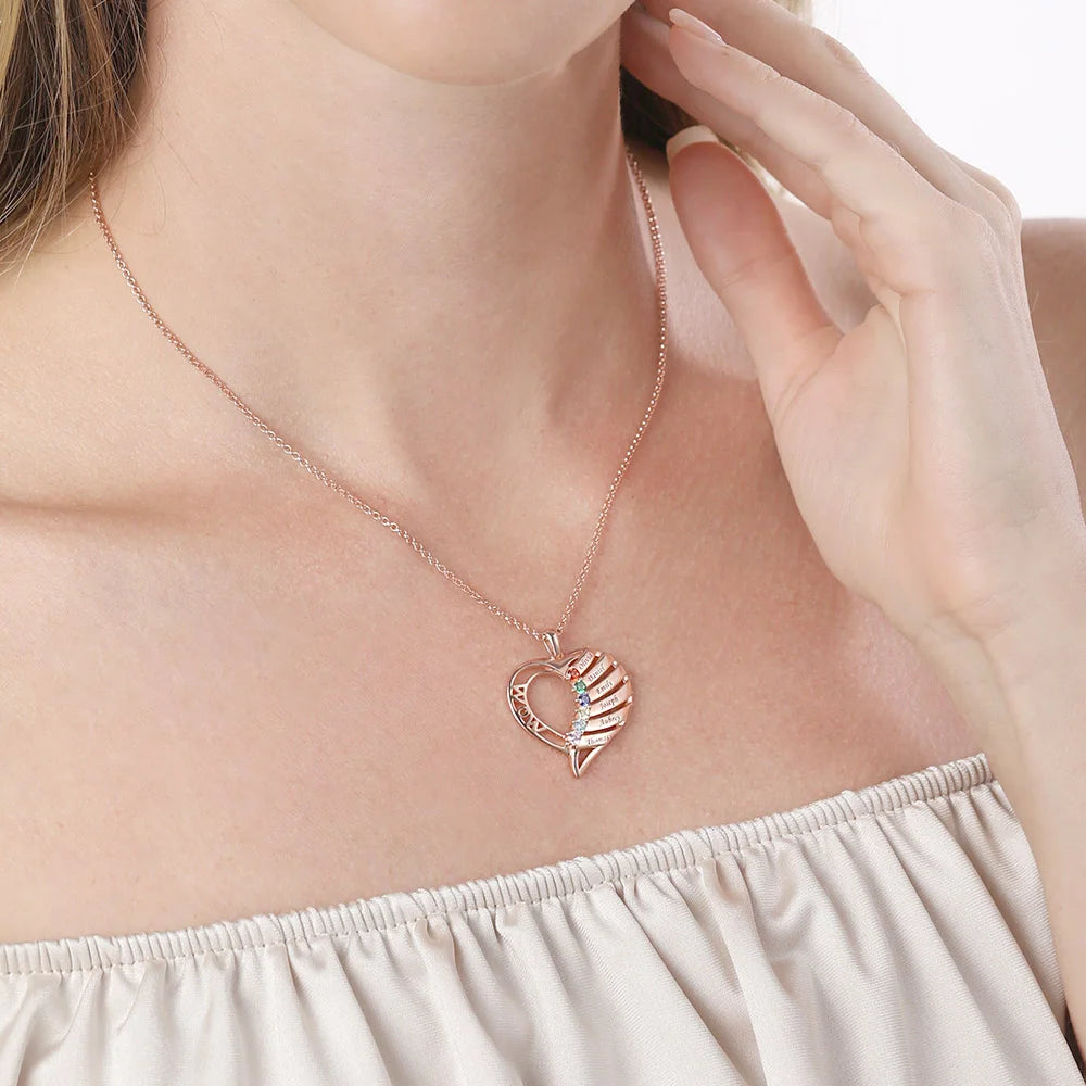 Personalized heart necklace with birthstones and names | 925 Sterling Silver Family birthstone necklace