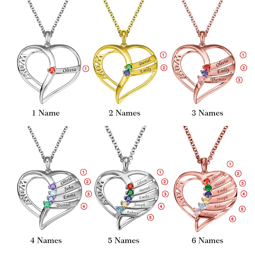 Personalized heart necklace with birthstones and names | 925 Sterling Silver Family birthstone necklace