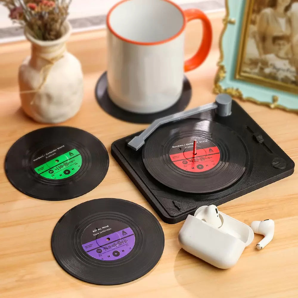 Vinyl record coasters | Set of 4 personalized gifts coasters & turnable holder