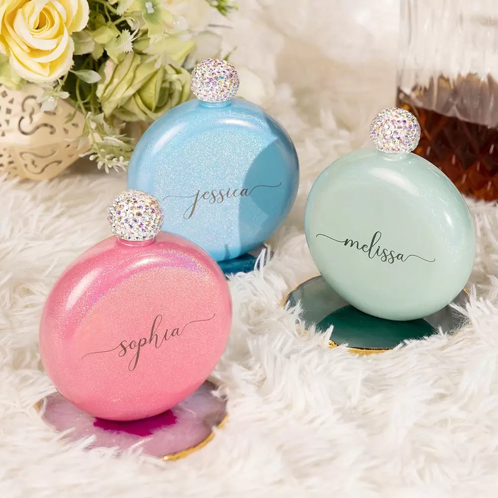 Custom Round Flasks with Rhinestone Lid | Best Friend, Bridesmaid Proposal