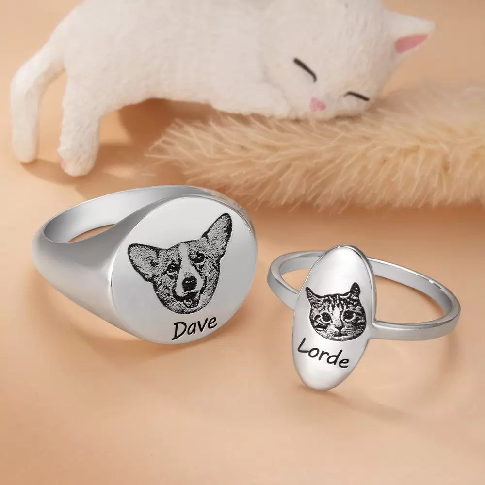 Personalized Signet Ring Engraved Pet portrait| Dog/Cat Mom/Pet Lover Gifts