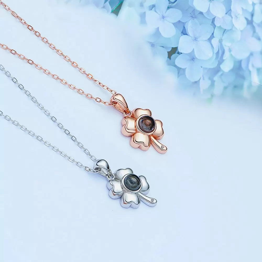 Personalized Flower Projection Necklace | Four leaf clover necklace