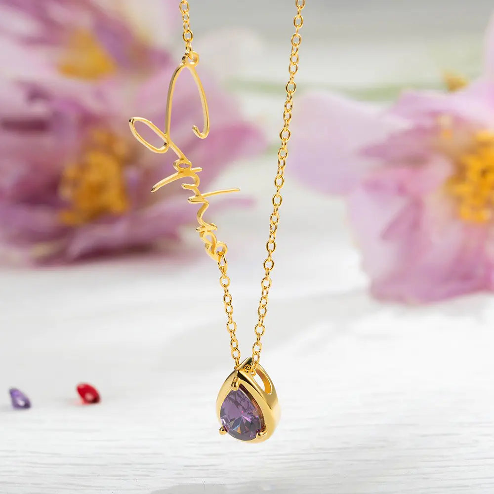 Personalised Name Birthstone Necklace | Sideways Name Necklace, Minimalist Jewelry