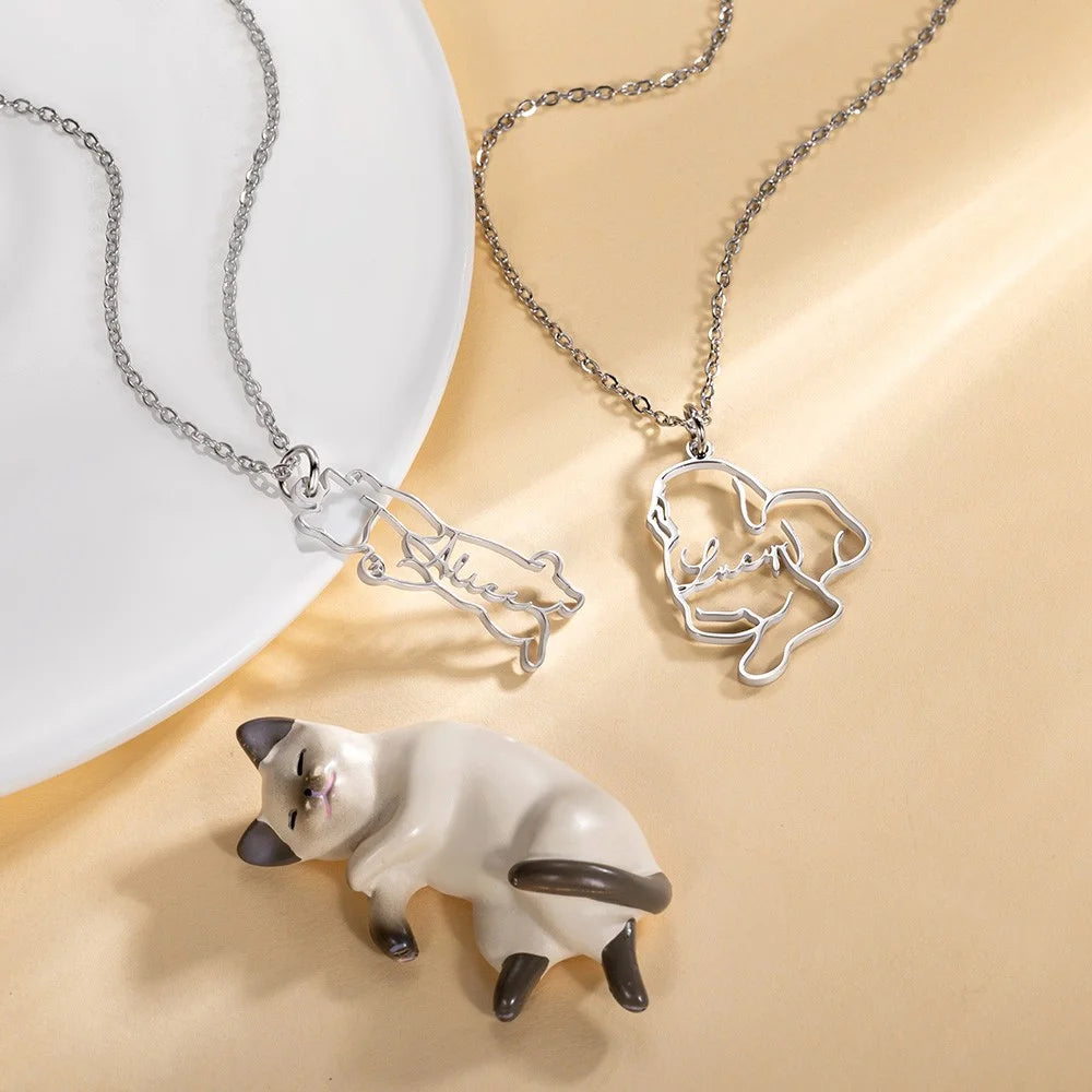 Custom One Line Art Drawing Dog Silhouette Necklace with name
