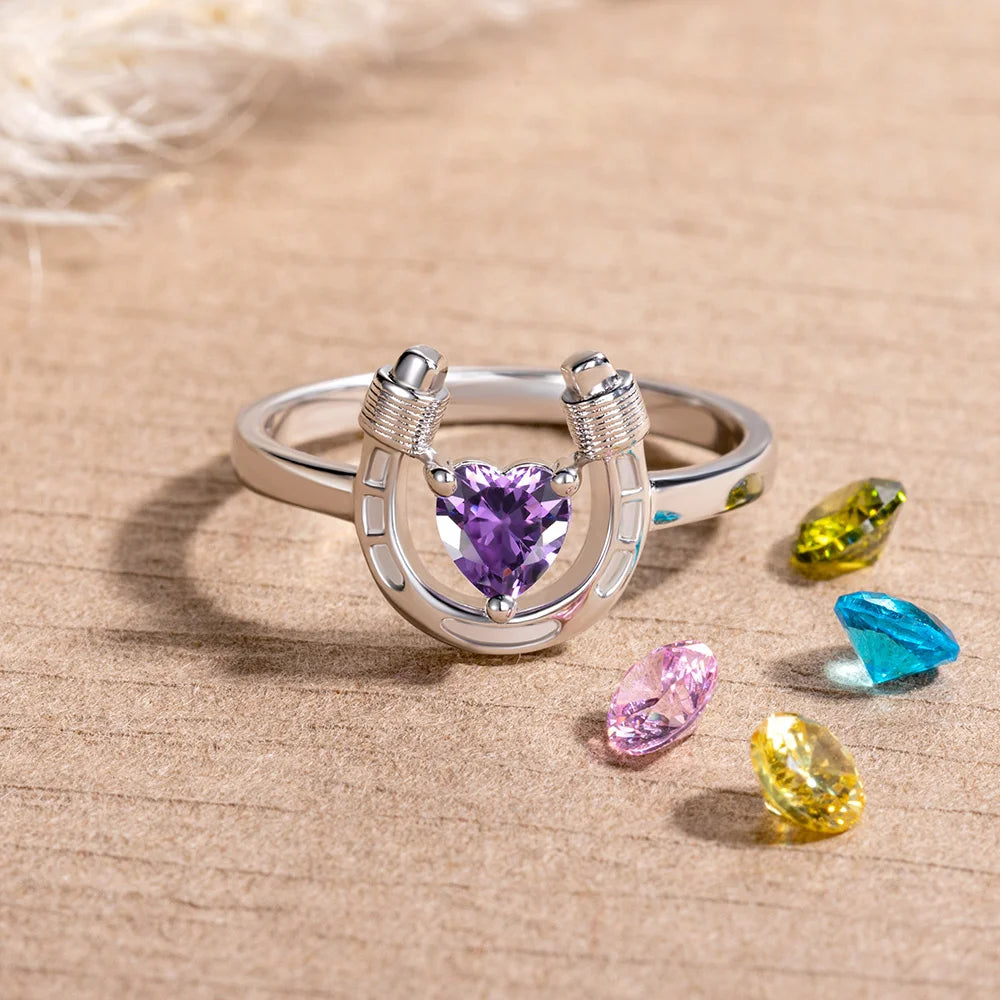 Custom Heart Birthstone Horseshoe Ring | Ladies Horseshoe Ring