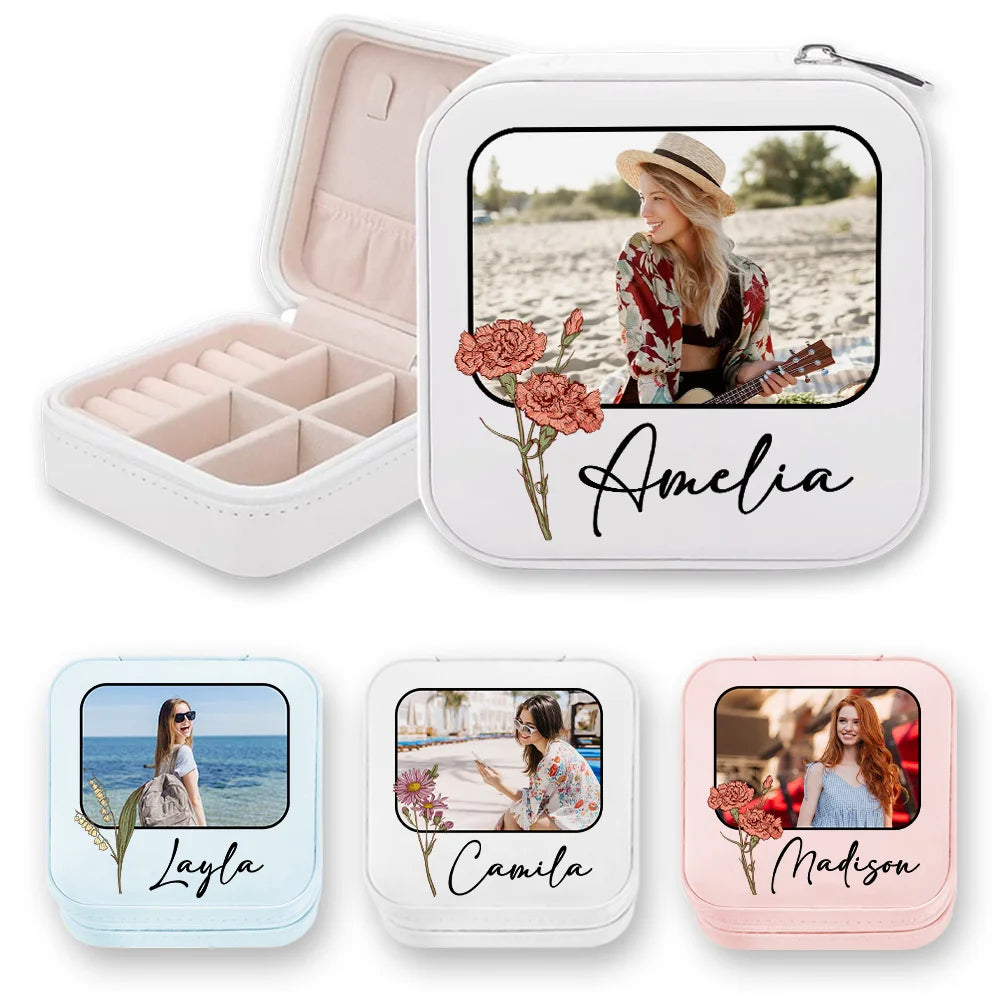 Custom Jewelry Travel Case | Photo Jewelry Case| Custom Birth Flower & Name Jewelry Box