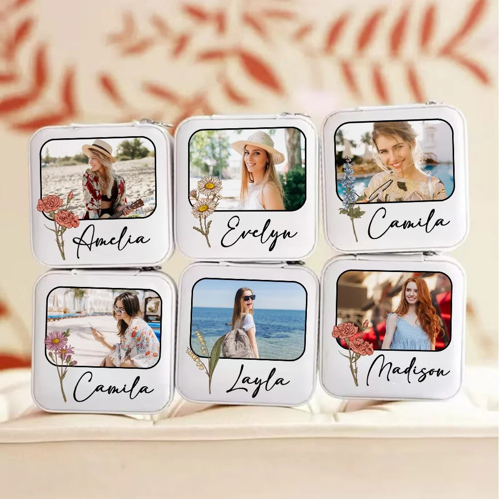 Custom Jewelry Travel Case | Photo Jewelry Case| Custom Birth Flower & Name Jewelry Box