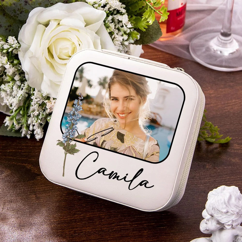 Custom Jewelry Travel Case | Photo Jewelry Case| Custom Birth Flower & Name Jewelry Box