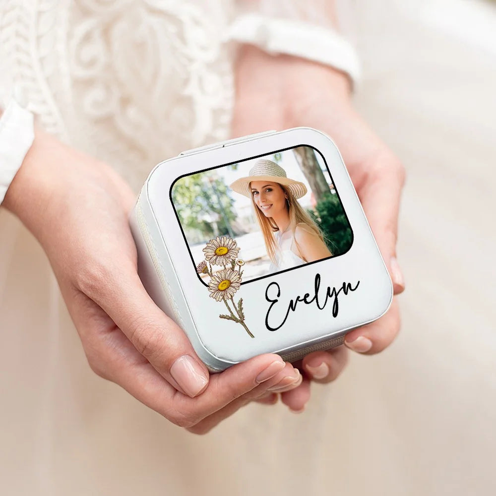 Custom Jewelry Travel Case | Photo Jewelry Case| Custom Birth Flower & Name Jewelry Box