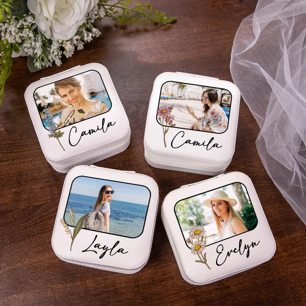 Custom Jewelry Travel Case | Photo Jewelry Case| Custom Birth Flower & Name Jewelry Box