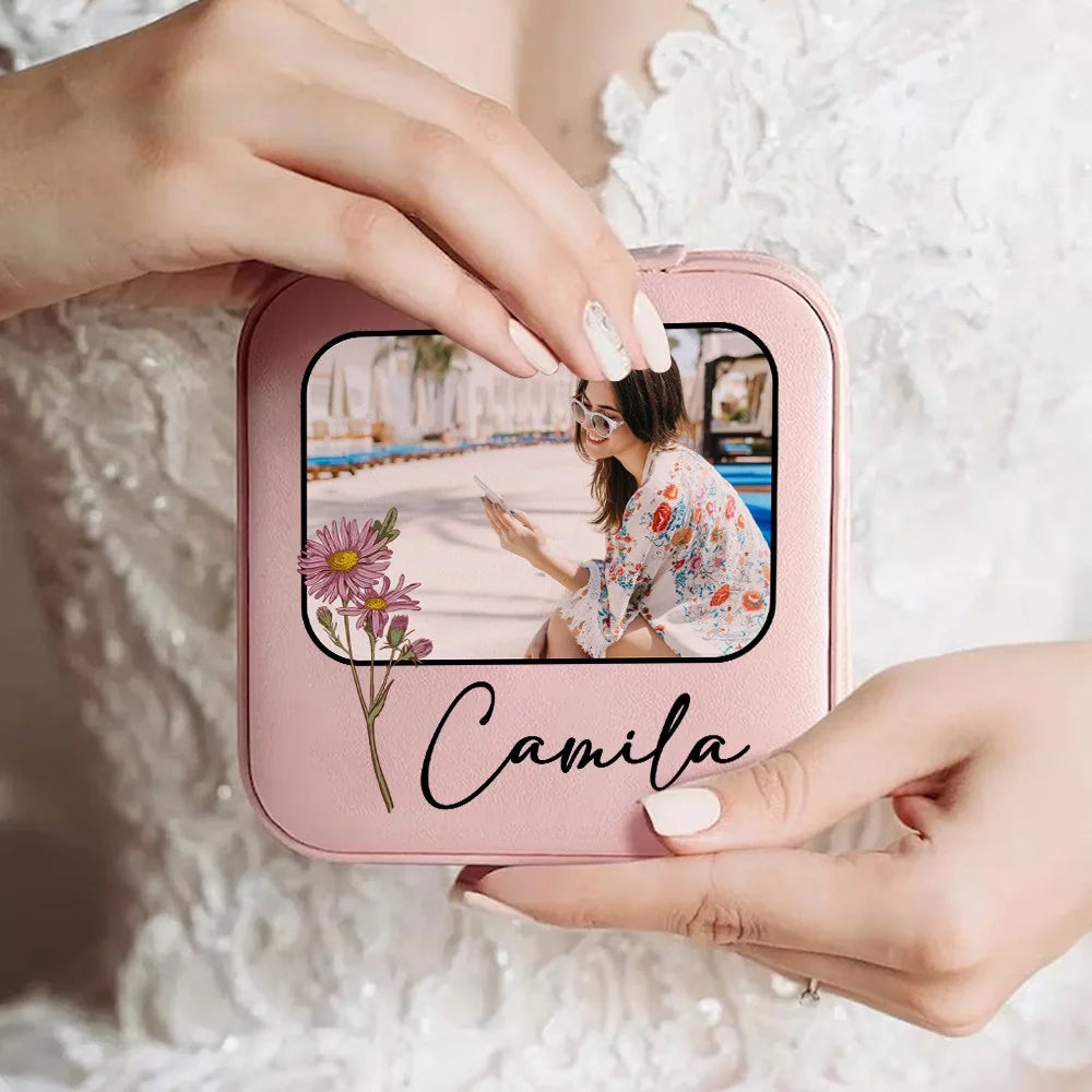 Custom Jewelry Travel Case | Photo Jewelry Case| Custom Birth Flower & Name Jewelry Box