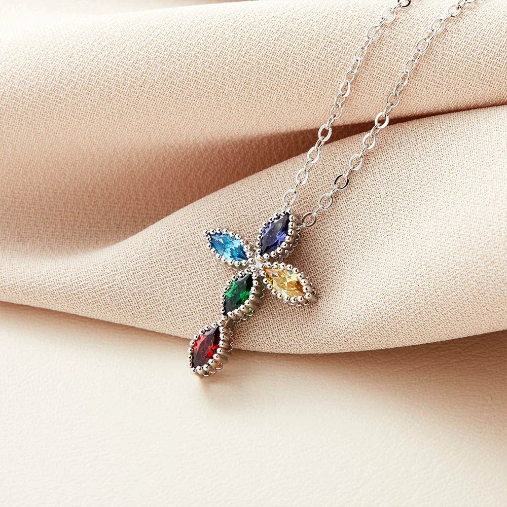 Custom Birthstone Cross Pendant Necklace | 5 Stone Birthstone Necklace