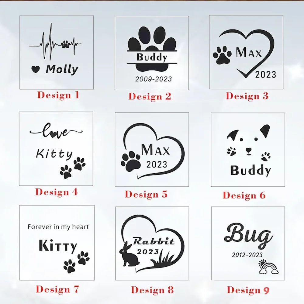 Nine engraving design options for personalized wooden pet memorial keepsake box