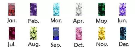 Birthstone color chart showing monthly gemstone options for custom baguette birthstone ring.