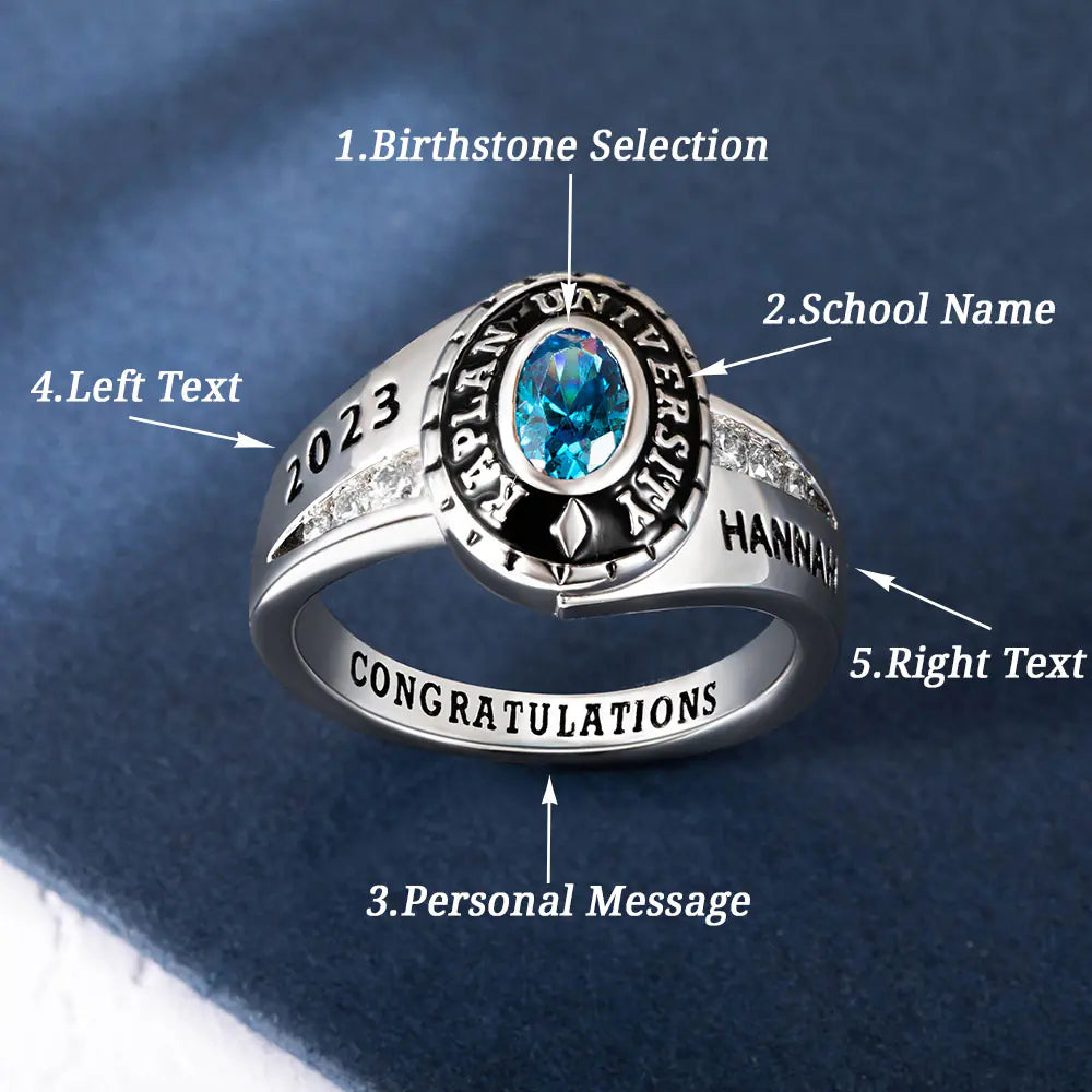 Custom class ring engraving guide showing birthstone, school name, year, and inner message