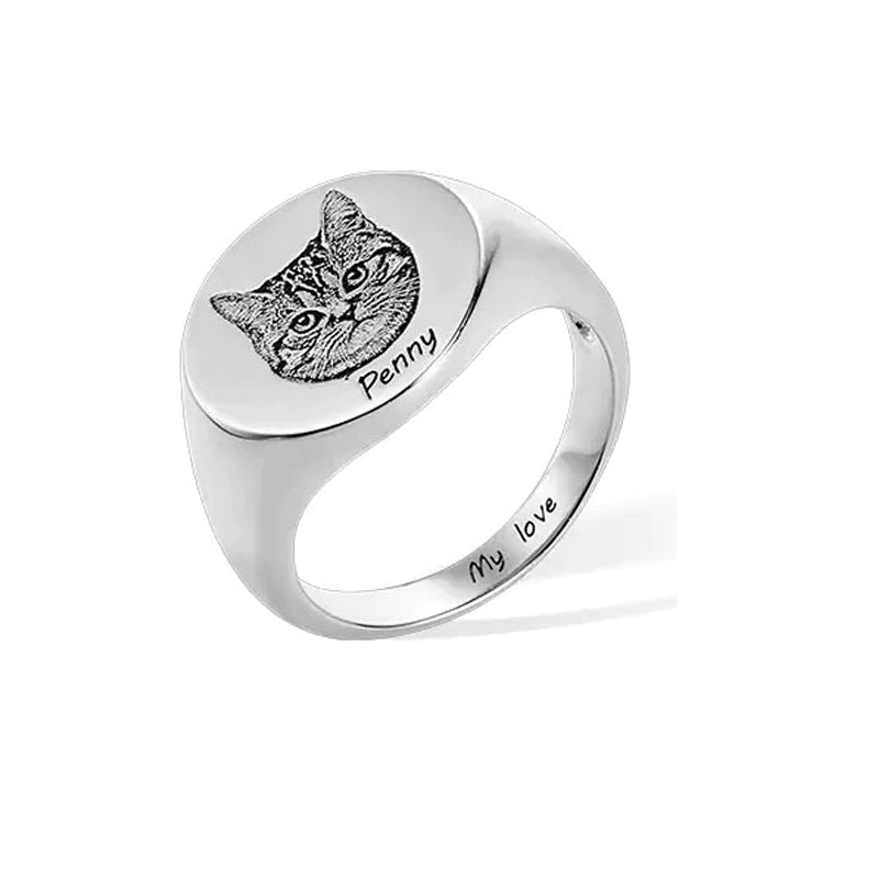 Personalized Signet Ring Engraved Pet portrait| Dog/Cat Mom/Pet Lover Gifts