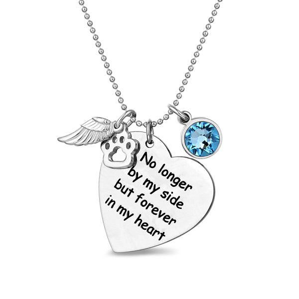 Custom Pet Memorial Heart Birthstone 925 Silver Necklace With Wing And Paw Print