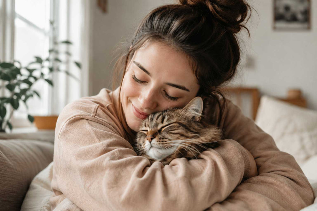 Woman hugging her cat, celebrating the bond between cat lovers and their pets