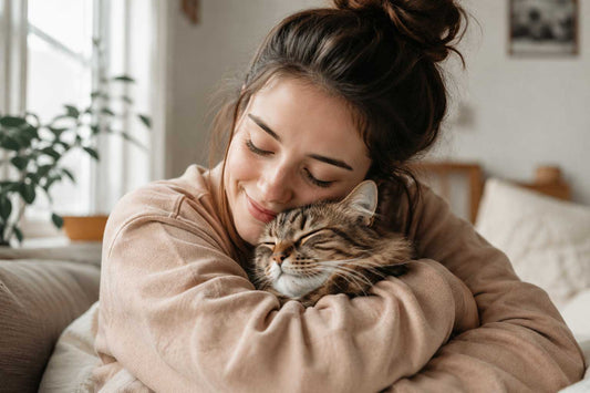 Woman hugging her cat, celebrating the bond between cat lovers and their pets