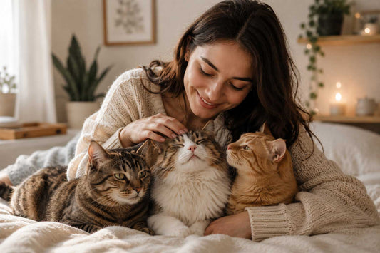 A women is petting one of her three cat head 