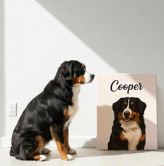 A realistic Bernese Mountain Dog sitting on a light wood floor, looking at its own custom pet portrait leaning against a white wall