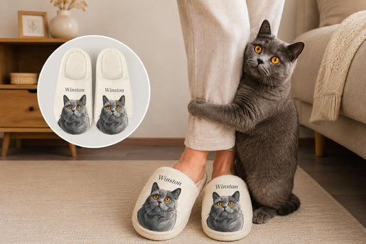 Woman wearing custom cat portrait slippers featuring a gray cat named Winston while a matching gray cat hugs her leg, a funny personalized gift idea for cat lovers.