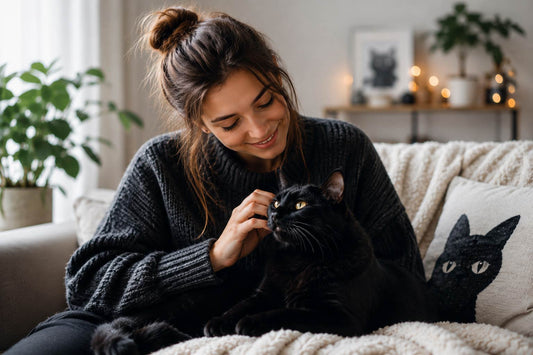 Woman cuddling a black cat in a cozy home, inspiring personalized black cat gift ideas.