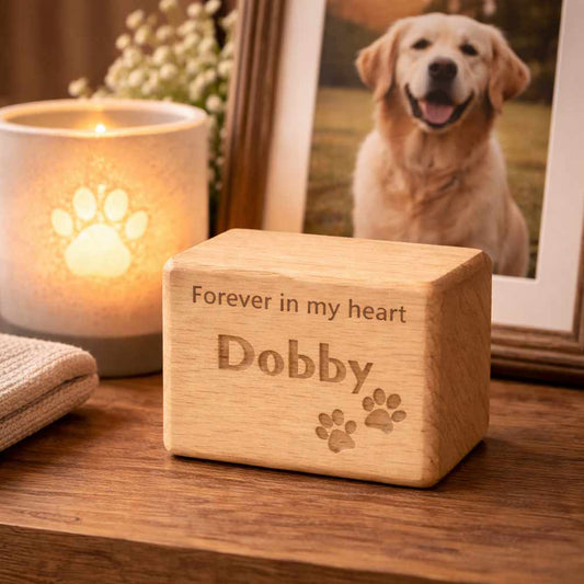 Small wooden pet urn engraved with a name, placed on a desk as a memorial after pet loss