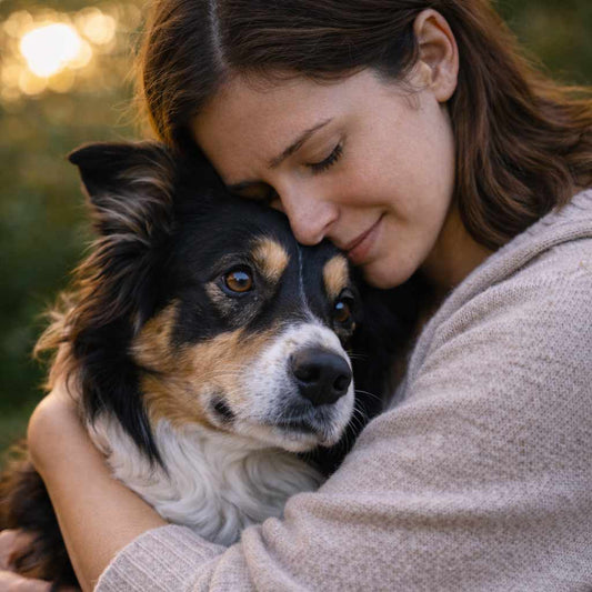Pet owner gently hugging her Border Collie dog, showing the deep emotional bond between a person and their beloved pet.