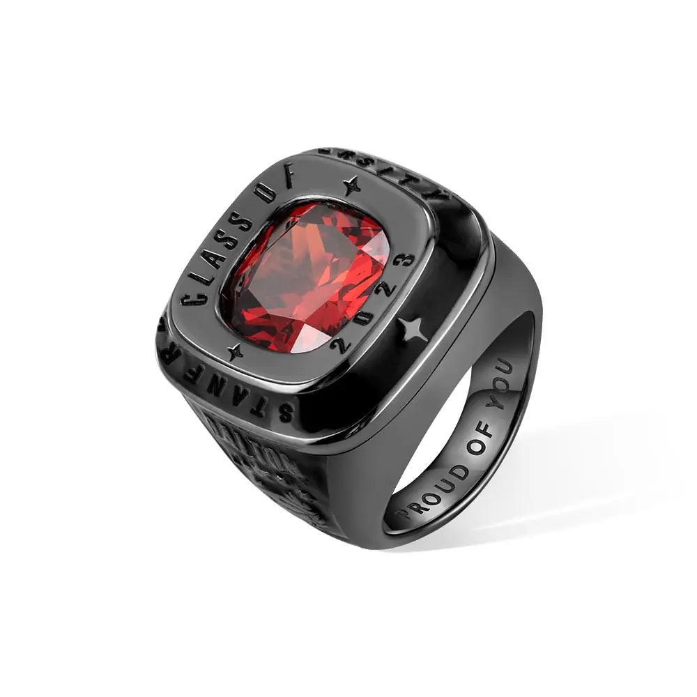 Black custom men’s class ring with red birthstone, engraved class year and inside text, graduation ring design