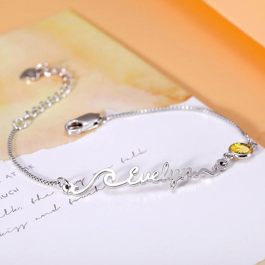Personalized Name Bracelet with Birthstone Sterling Silver 925
