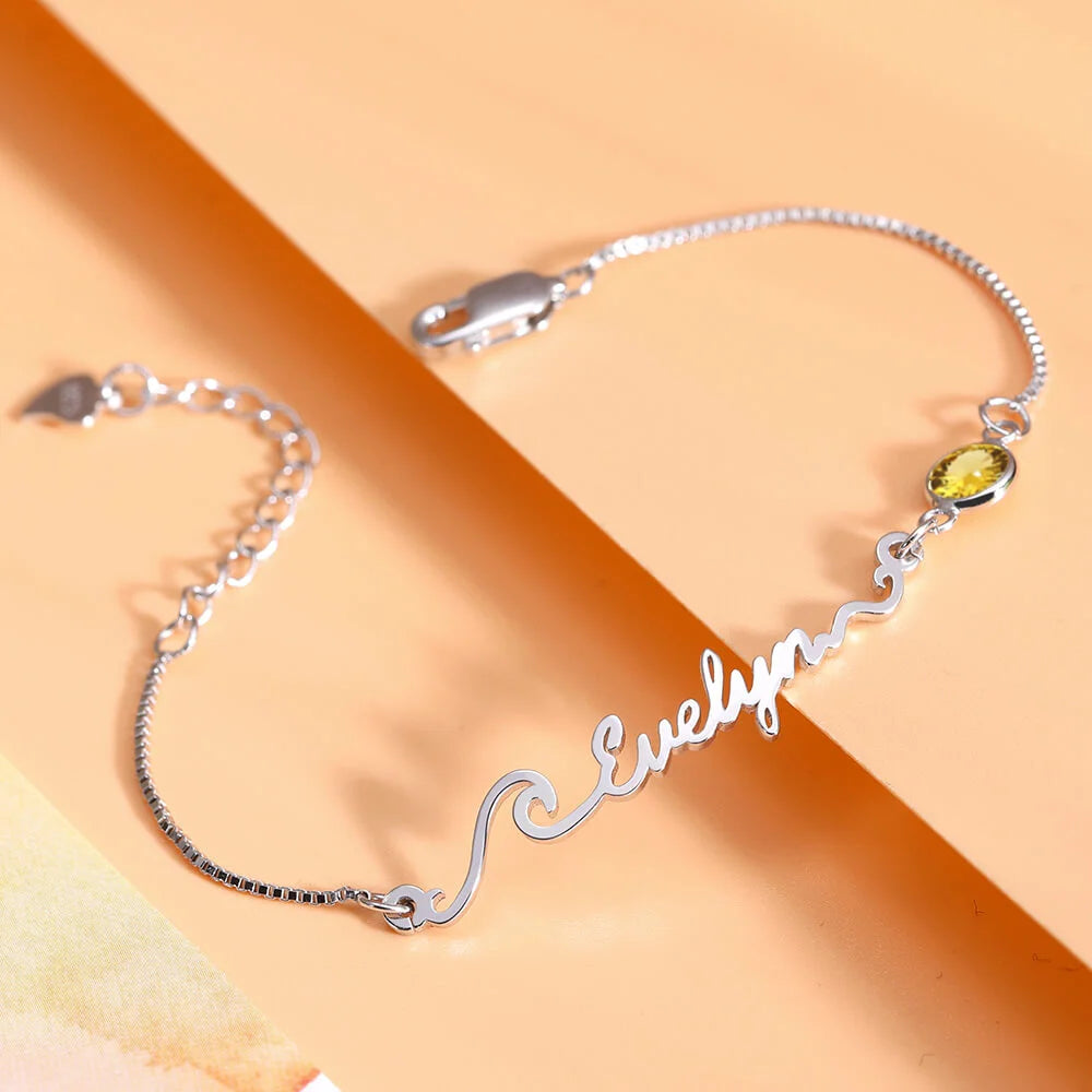 Personalized Name Bracelet with Birthstone Sterling Silver 925
