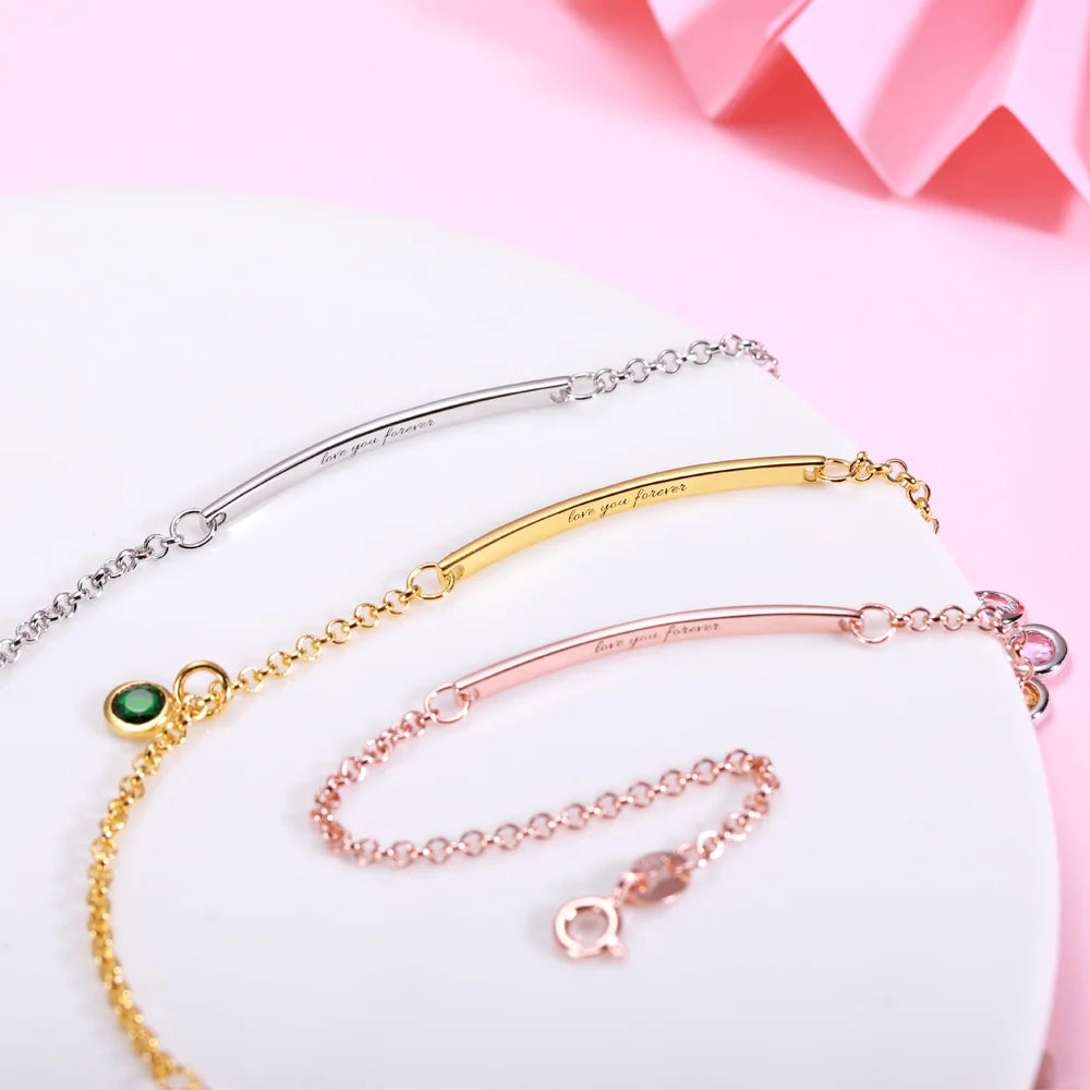 Custom Birthstone Bracelet For Mom | Dainty birthstone bracelet with engraved text bar