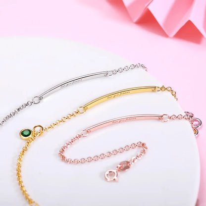 Custom Birthstone Bracelet For Mom | Dainty birthstone bracelet with engraved text bar