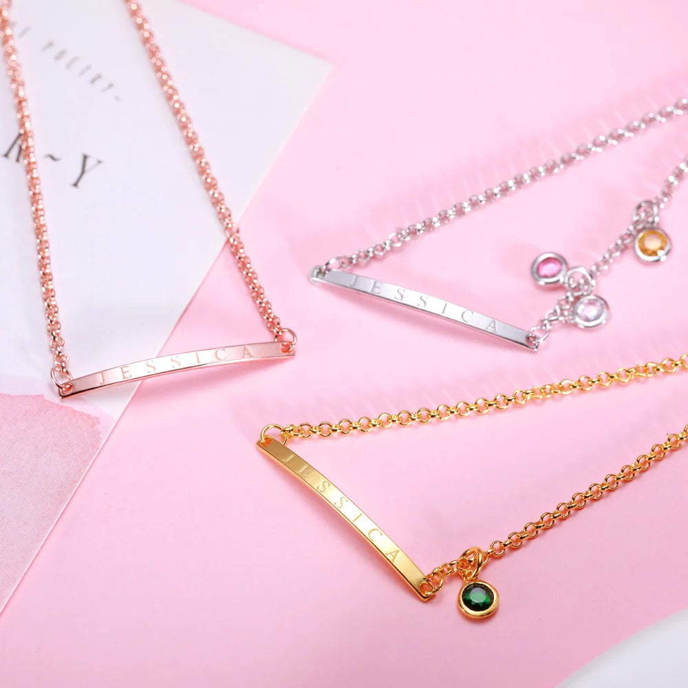 Custom Birthstone Bracelet For Mom | Dainty birthstone bracelet with engraved text bar