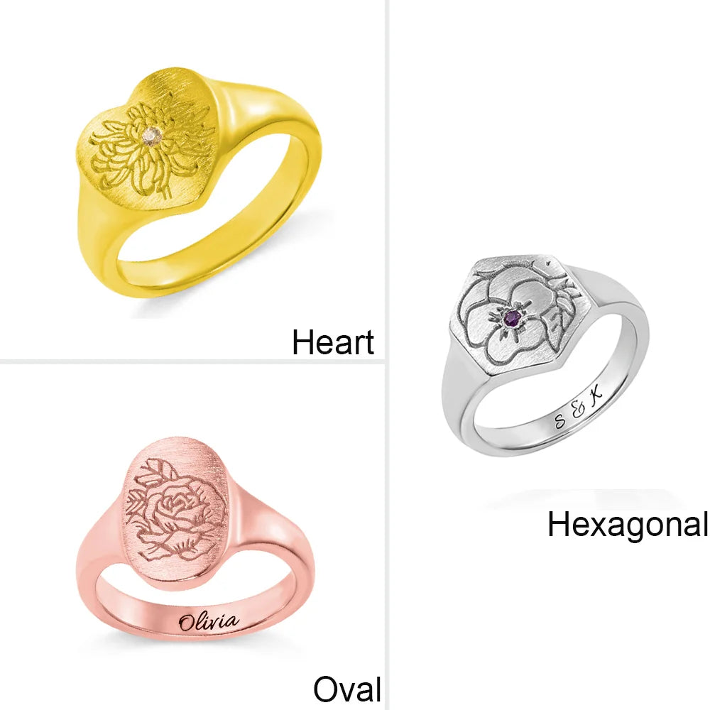 Custom Birth Flower Signet Ring| Personalized Signet Ring 925 Silver