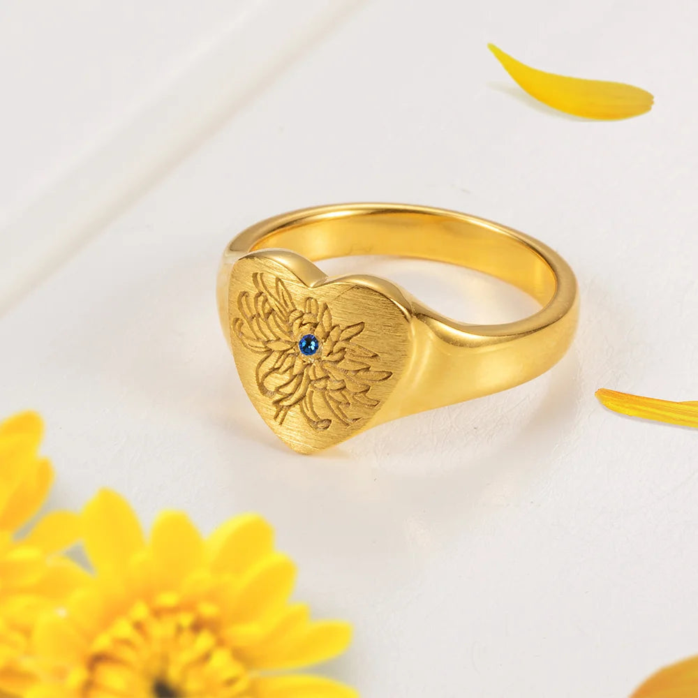 Custom Birth Flower Signet Ring| Personalized Signet Ring 925 Silver