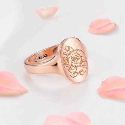 Custom Birth Flower Signet Ring| Personalized Signet Ring 925 Silver