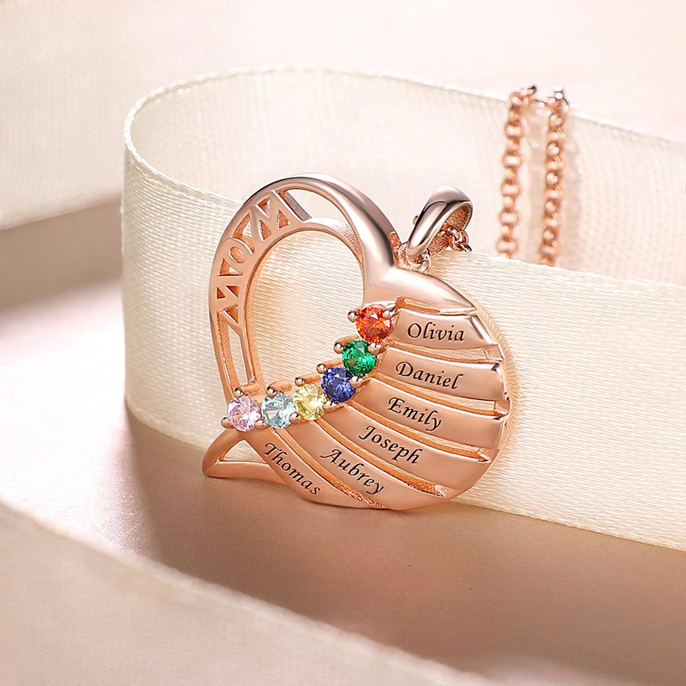 Personalized heart necklace with birthstones and names | 925 Sterling Silver Family birthstone necklace