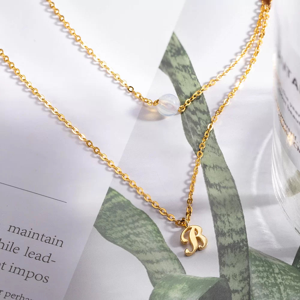 Personalized initial necklace with moonstone birthstone