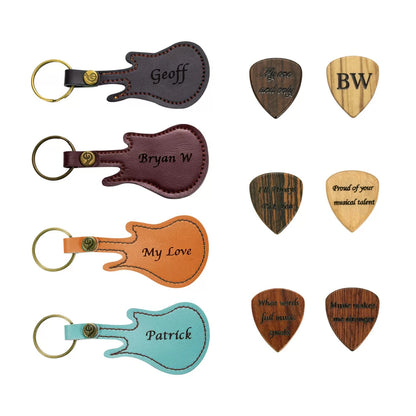 Personalized Wood Guitar Pick with Leather Guitar Shaped Case | Birthday gifts for guitar players