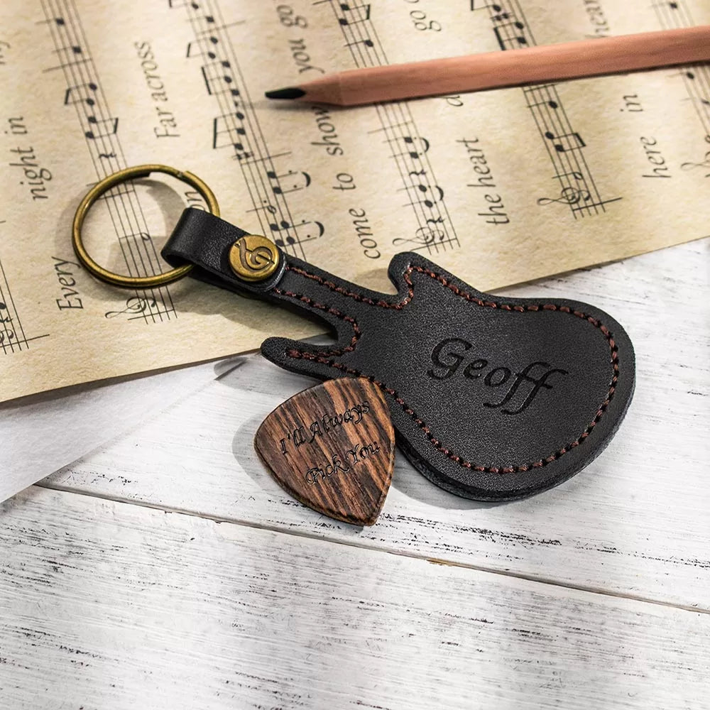 Personalized Wood Guitar Pick with Leather Guitar Shaped Case | Birthday gifts for guitar players