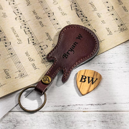 Personalized Wood Guitar Pick with Leather Guitar Shaped Case | Birthday gifts for guitar players