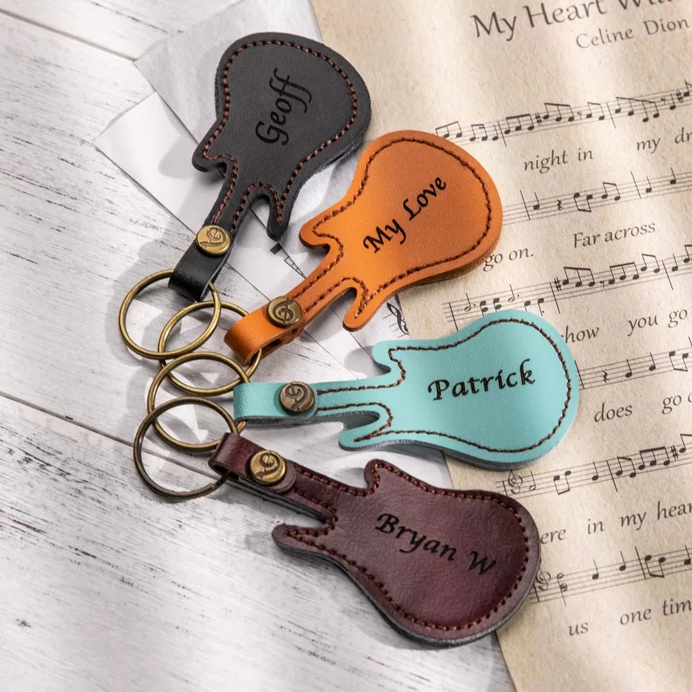 Personalized Wood Guitar Pick with Leather Guitar Shaped Case | Birthday gifts for guitar players