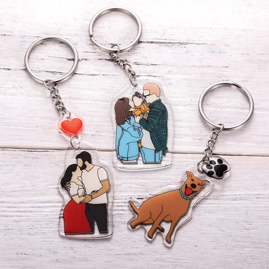 Three set of keychain, included couple faceless portrait keychain, a family faceless portrait keychain, and a dog portrait keychain