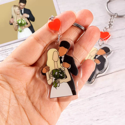 A hand is holding a custom couple faceless portrait keychain