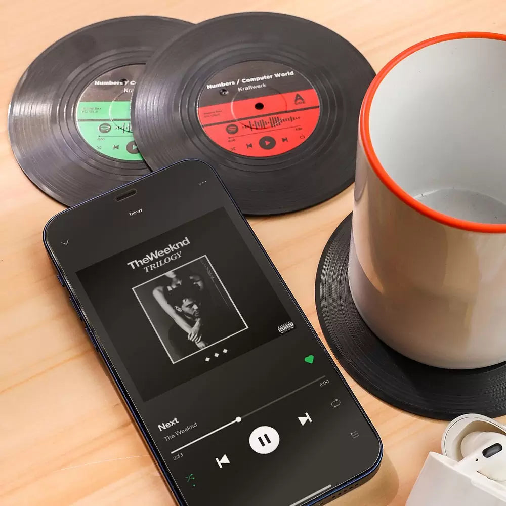 Vinyl record coasters | Set of 4 personalized gifts coasters & turnable holder