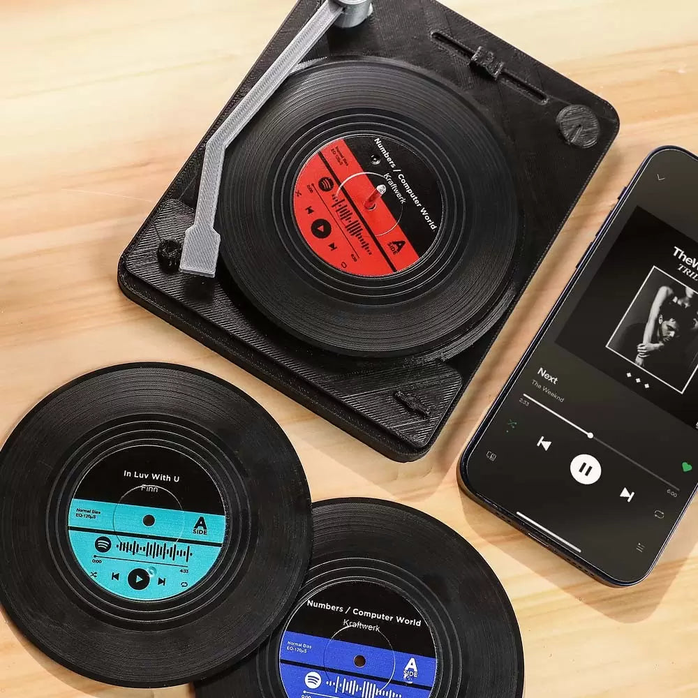 Vinyl record coasters | Set of 4 personalized gifts coasters & turnable holder